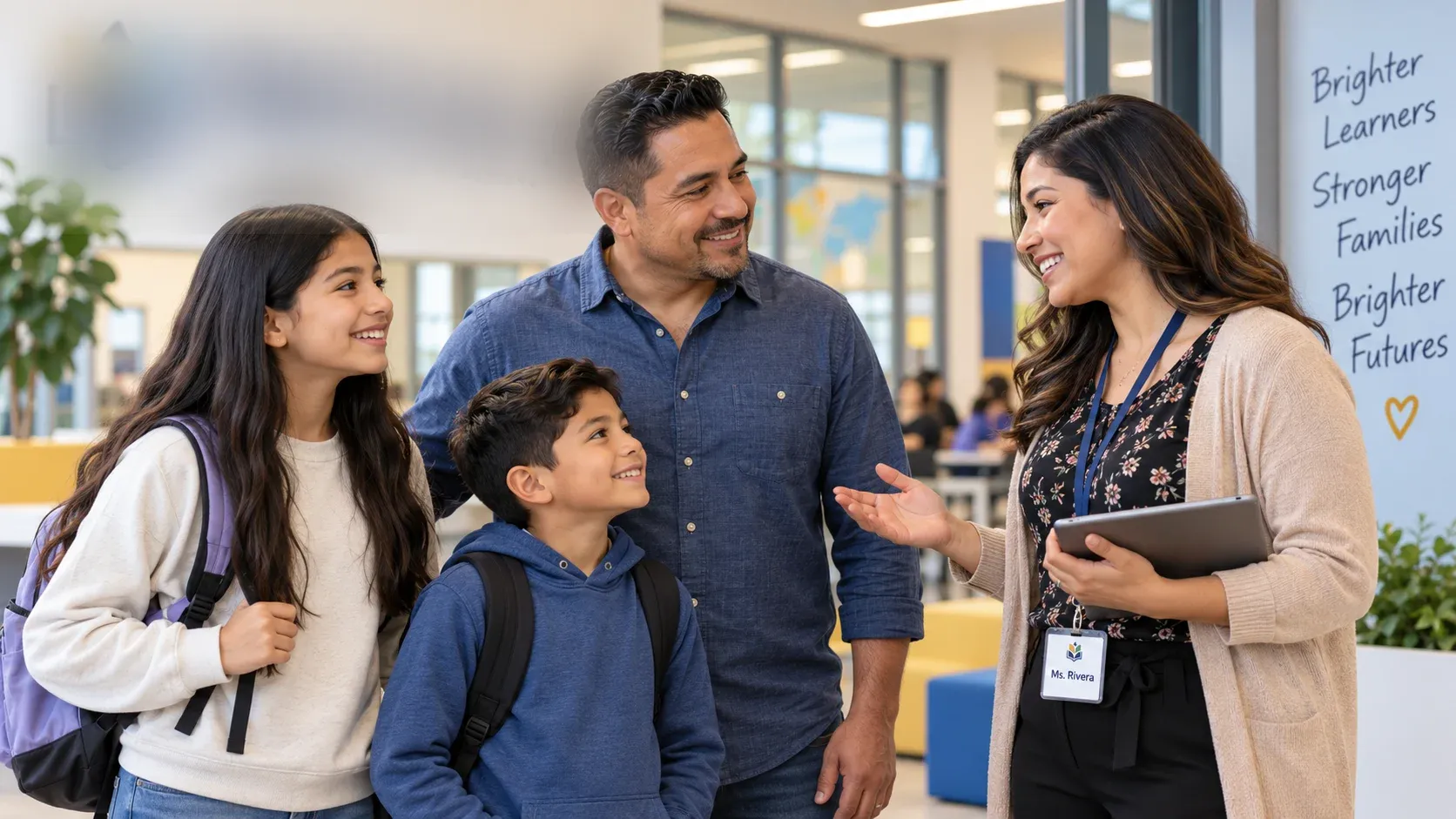 A father and his two children talking with a smiling teacher in a school hallway.