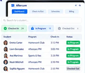 The aftercare dashboard: students checked in, in a program and checked out, with each student’s program, check-in time and status.