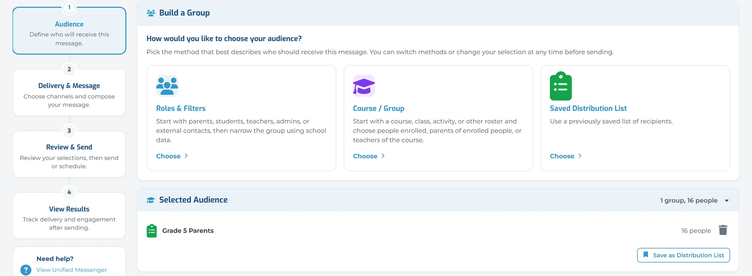 The audience step: choose by roles and filters, by course or group, or from a saved list, with “Grade 5 Parents” selected.