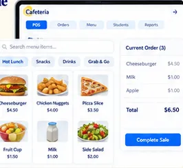 The cafeteria point of sale: menu items with prices, and the current order with its total and Complete Sale.