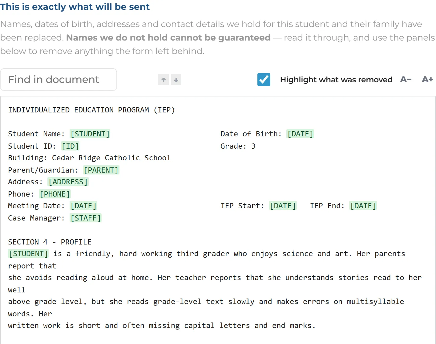 An uploaded IEP with the student’s name, date of birth, parent, address and phone replaced by labels such as [STUDENT].