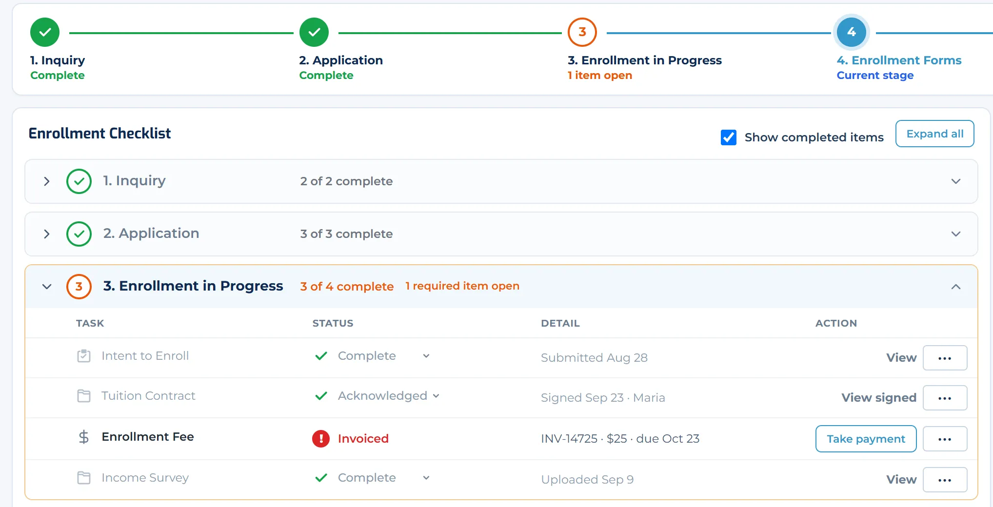 An enrollment stage with a signed tuition contract and an invoiced enrollment fee ready for payment.
