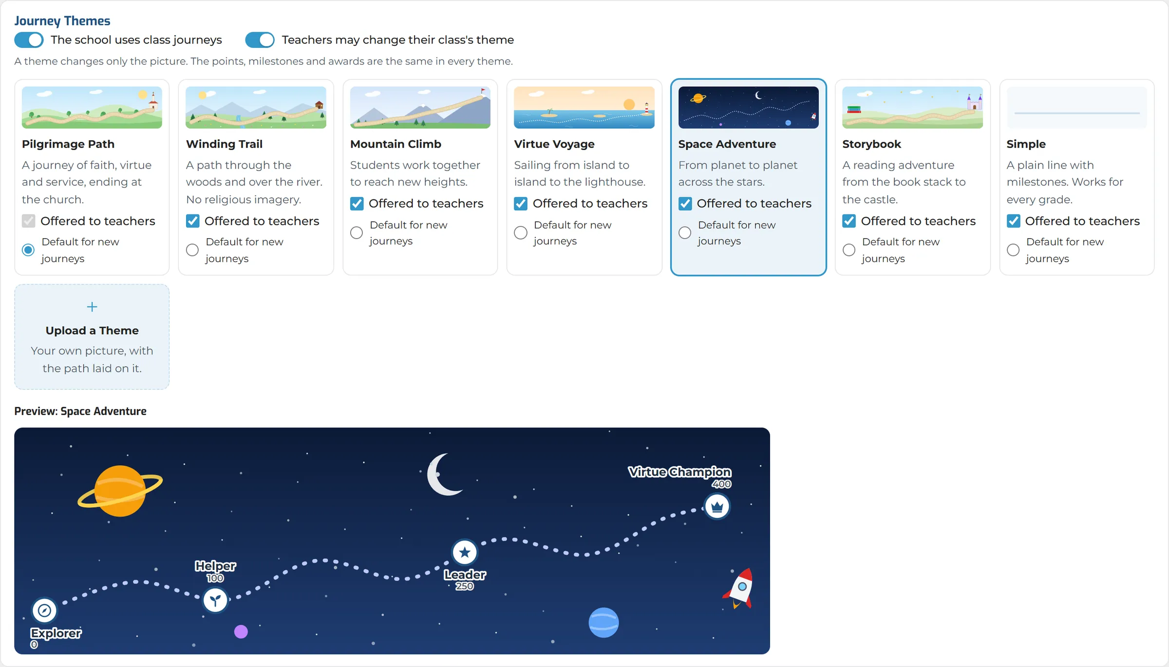 Journey themes: Pilgrimage Path, Winding Trail, Mountain Climb, Virtue Voyage, Space Adventure, Storybook and Simple, with Upload a Theme and a preview of the space journey.
