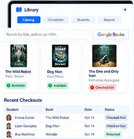 The library catalog with book covers and availability, and recent checkouts by student.