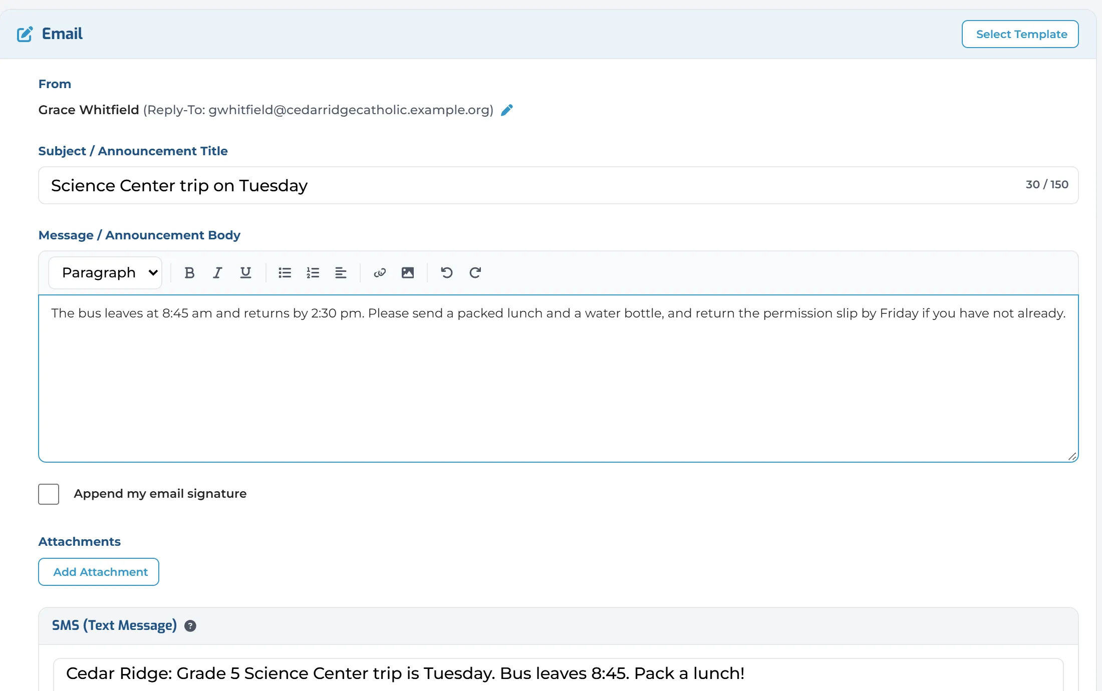 Writing a message in Unified Messenger: the from name and reply-to address, the subject, the email body, and a shorter text message below.
