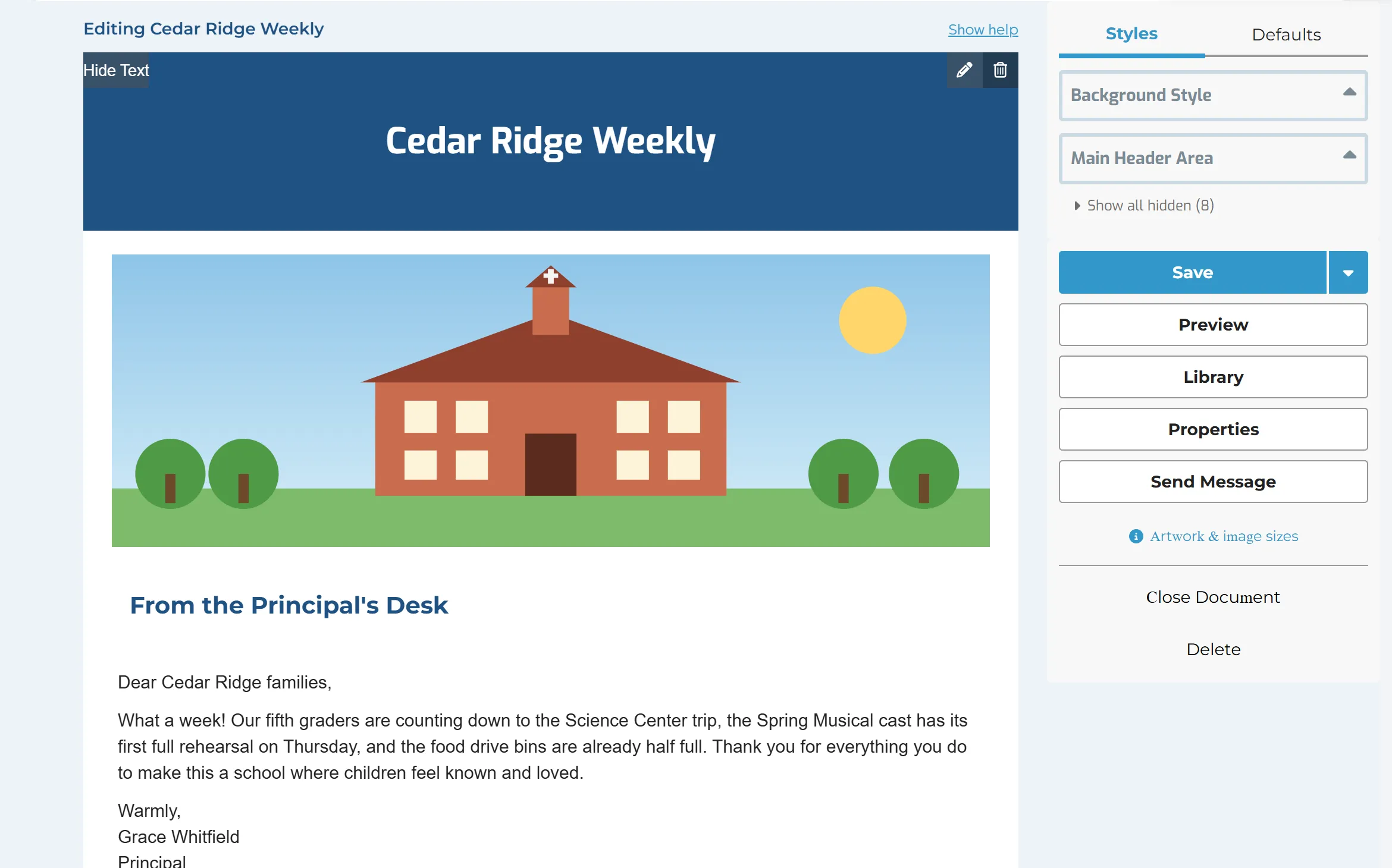 The newsletter designer: the Cedar Ridge Weekly banner, a picture of the school, and a letter from the principal, with style settings beside it.
