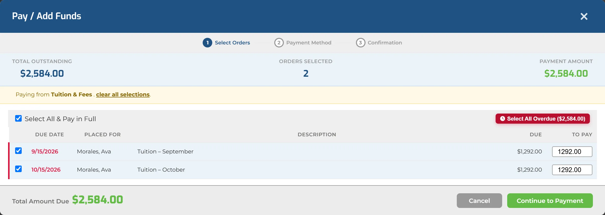 The payment window with both overdue tuition months selected and the total to pay.