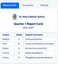 A quarter 1 report card with each course, its grade and the teacher’s comment.