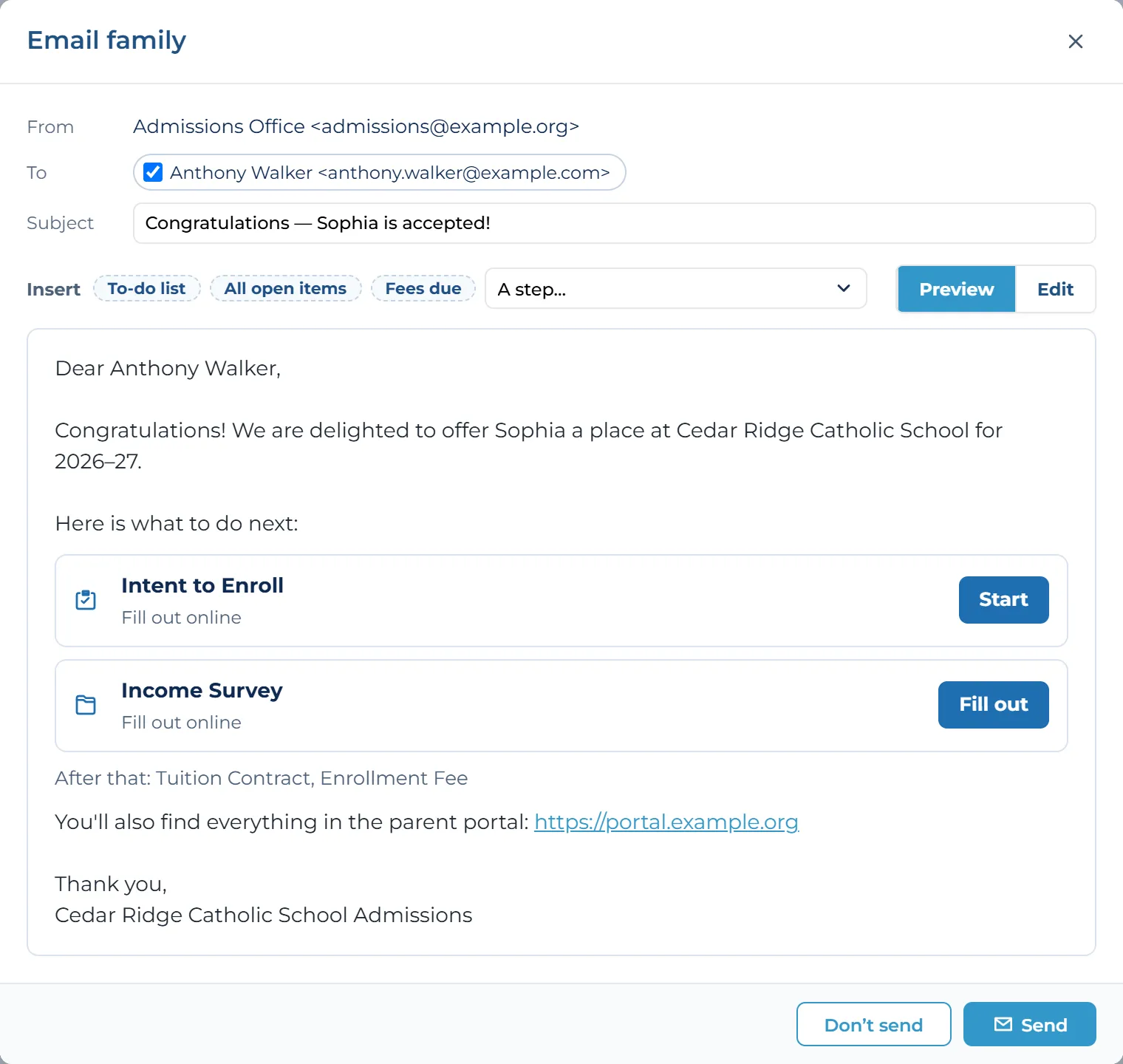 A stage email to a family, congratulating them on an acceptance and listing their next to-dos with a button for each.