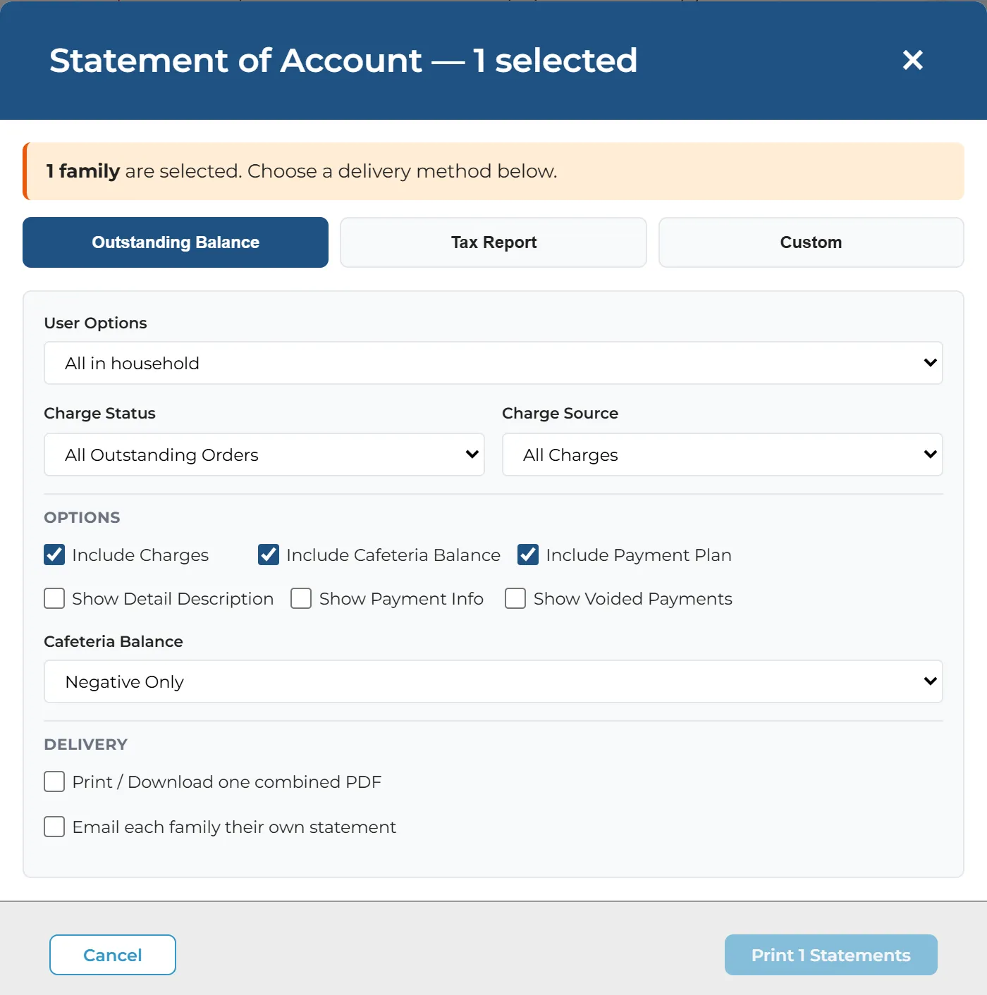The Statement of Account window: what to include, the cafeteria balance, and whether to print one PDF or email each family its own.