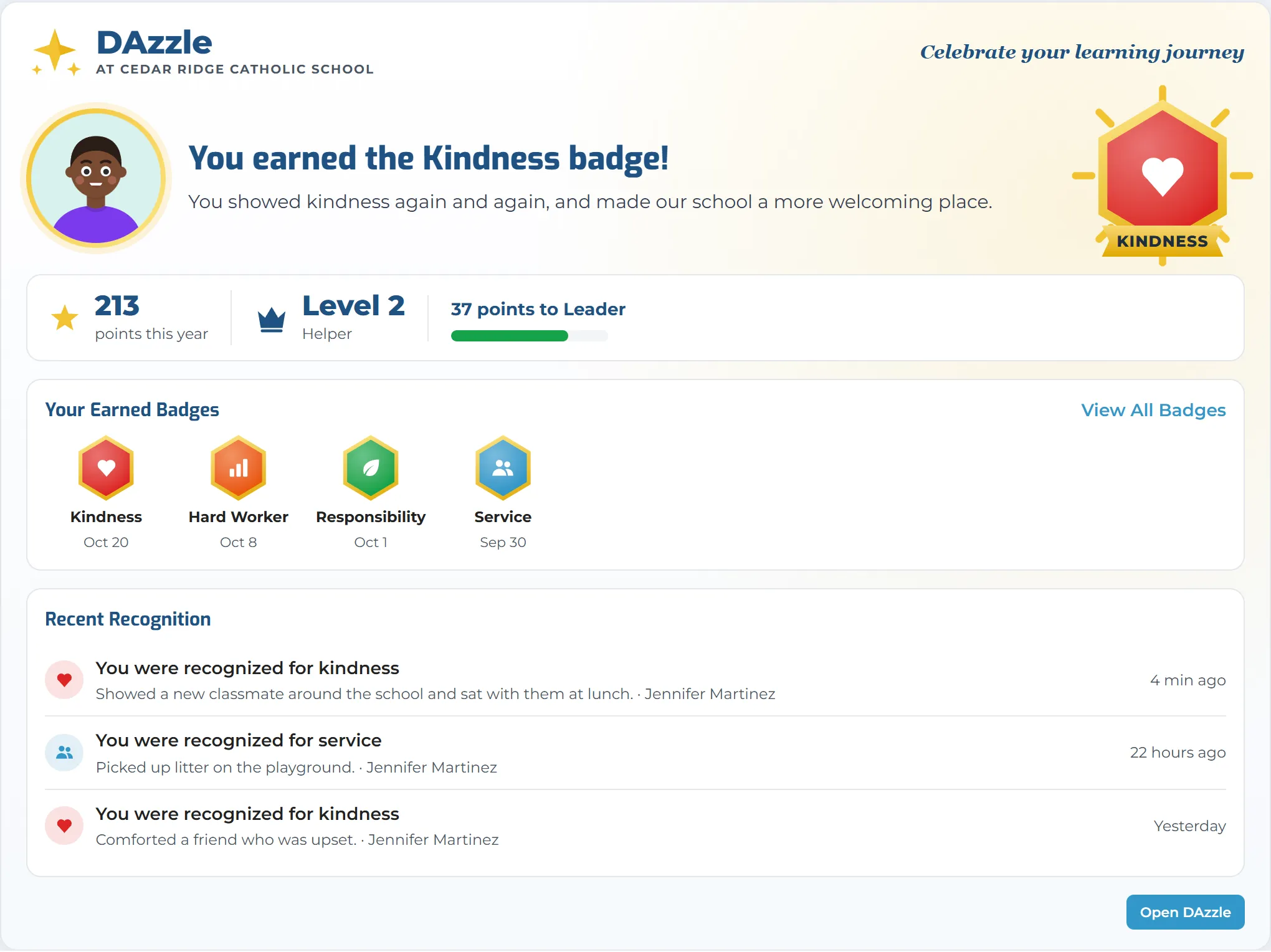 A student’s DAzzle card: “You earned the Kindness badge!”, points this year, level and progress to the next, earned badges and recent recognition.